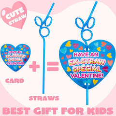 28-Pack Kids Valentine's Cards with Colorful Crazy Loop Reusable Drinking Straws - Classroom Exchange Gifts