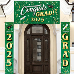 JOYIN 3 Pcs Graduation Decorations Class of 2025, Satin Fabric Congrats Grad Banner Set, Green & Gold Party Backdrop and Banner Hanging Porch Supplies for College Graduation Party Indoor Outdoor Decor