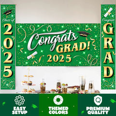 JOYIN 3 Pcs Graduation Decorations Class of 2025, Satin Fabric Congrats Grad Banner Set, Green & Gold Party Backdrop and Banner Hanging Porch Supplies for College Graduation Party Indoor Outdoor Decor