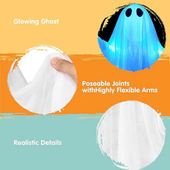 2 Pcs 35.4” Halloween Hanging Light-Up Ghost with Blue LED Lights