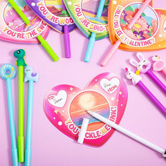 28Pcs Kids Valentine's Cards with Animal Pens - Classroom Exchange Gifts