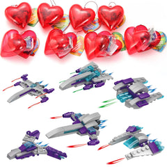 24 Prefilled Hearts with Spaceship Building Blocks and Valentine's Day Cards for Kids - Classroom Exchange Gifts