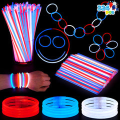 JOYIN 324-Piece 4th of July Glow Sticks with Connectors - 8" Red, White & Blue Glow-in-the-Dark Bracelets & Necklaces for Kids & Adults - Patriotic Light-Up Toys for Independence Day Party Favors