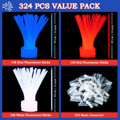 JOYIN 324-Piece 4th of July Glow Sticks with Connectors - 8" Red, White & Blue Glow-in-the-Dark Bracelets & Necklaces for Kids & Adults - Patriotic Light-Up Toys for Independence Day Party Favors