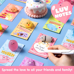 28 Glitter Mochi Squishy Toys with Valentine's Cards for Classroom Exchange