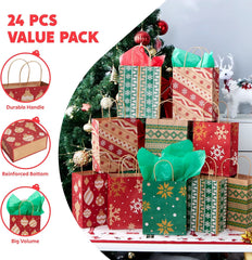 24 PCS Christmas Kraft Paper Gift Bags with Handles for Holiday Wrapping and Party Favors
