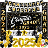 JOYIN Graduation Party Decorations Class of 2025, Black & Gold Grad Celebration Supplies Set with Backdrop Banner, Porch Sign, Balloons, Foil Number 2025, Hanging Strip for High School College Grad