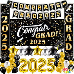 JOYIN Graduation Party Decorations Class of 2025, Black & Gold Grad Celebration Supplies Set with Backdrop Banner, Porch Sign, Balloons, Foil Number 2025, Hanging Strip for High School College Grad