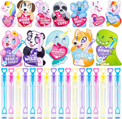 36-Pack Kids Valentine's Cards with Mini Bubble Maker Wands - Classroom Exchange Gifts