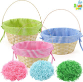 3-Pack Easter Baskets with Plaid Lining, Handles & 3-Color Grass Shreds for Egg Hunts