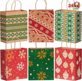 24 PCS Christmas Kraft Paper Gift Bags with Handles for Holiday Wrapping and Party Favors