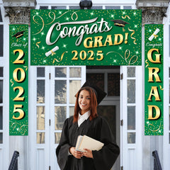 JOYIN 3 Pcs Graduation Decorations Class of 2025, Satin Fabric Congrats Grad Banner Set, Green & Gold Party Backdrop and Banner Hanging Porch Supplies for College Graduation Party Indoor Outdoor Decor