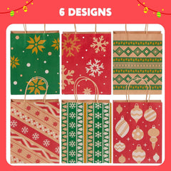 24 PCS Christmas Kraft Paper Gift Bags with Handles for Holiday Wrapping and Party Favors