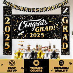 JOYIN Graduation Party Decorations Class of 2025, Black & Gold Grad Celebration Supplies Set with Backdrop Banner, Porch Sign, Balloons, Foil Number 2025, Hanging Strip for High School College Grad