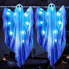 2 Pcs 35.4” Halloween Hanging Light-Up Ghost with Blue LED Lights