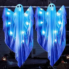 2 Pcs 35.4” Halloween Hanging Light-Up Ghost with Blue LED Lights