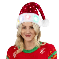 Adults Light-up Christmas Santa Elf Hats with Pom Poms and Colorful Lights