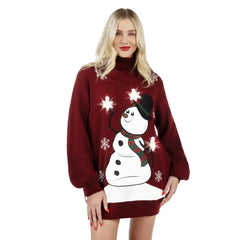 Women's 3D Snowman Christmas Ugly Sweater Dress - Turtleneck Loose Fit