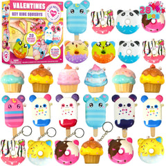 28-Piece Dessert Squishy Toy Keychains with Valentine's Day Cards for Kids