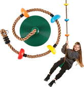 Green Climbing Rope Tree Swing with Platforms and Disc Seats
