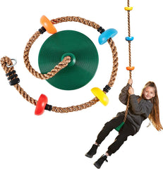 Green Climbing Rope Tree Swing with Platforms and Disc Seats
