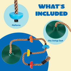 Green Climbing Rope Tree Swing with Platforms and Disc Seats