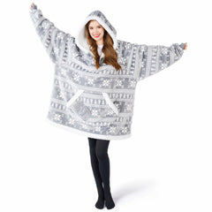 Cozy Adult Wearable Blanket Hoodie - Fleece Sherpa with Snowflake Pattern