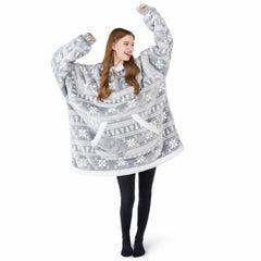 Cozy Adult Wearable Blanket Hoodie - Fleece Sherpa with Snowflake Pattern