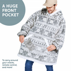Cozy Adult Wearable Blanket Hoodie - Fleece Sherpa with Snowflake Pattern