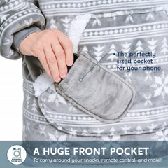 Cozy Adult Wearable Blanket Hoodie - Fleece Sherpa with Snowflake Pattern