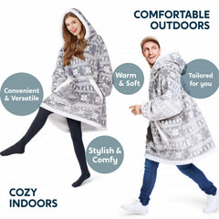 Cozy Adult Wearable Blanket Hoodie - Fleece Sherpa with Snowflake Pattern
