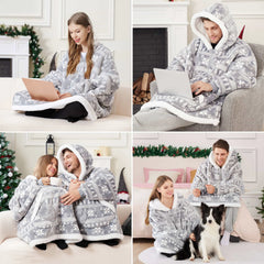 Cozy Adult Wearable Blanket Hoodie - Fleece Sherpa with Snowflake Pattern