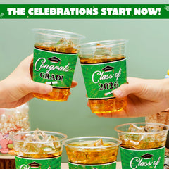 100 Pack 16oz Green Disposable PET Graduation Cups - Class of 2026 Party Supplies