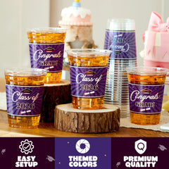 100 Pack 16oz Purple Disposable PET Cups - Class of 2026 Graduation Party Supplies