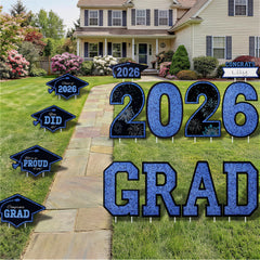 14Pcs Black & Blue Graduation Yard Signs with 28 Stakes Class of 2026 Grad Party Supplies