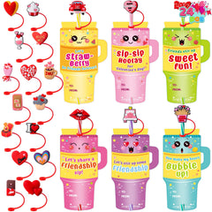 JOYIN 24 Pcs Valentine's Day Cards with Straw Covers and Caps for Cups