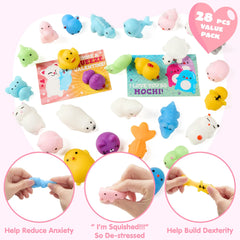 JOYIN 28 Packs Valentines Day Mochi Squishy Toy Stress Relief Gift Cards for Kids