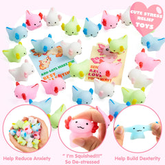 JOIN 28-Pack Valentine's Day Axolotl Mochi Squishy Toys with Funny Cards for Kids