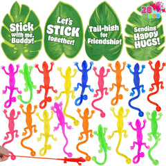 JOYIN 28 Pcs 3" Valentine's Day Sticky Lizards with Cards for Kids in 7 Colors & 4 Card Designs