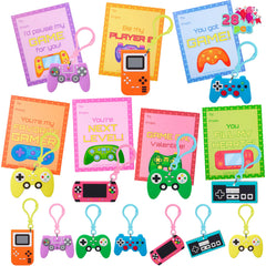 JOYIN 28 Pcs Video Game Keychains, Multi Colored Keychains & Cards with 7 Designs - Valentine's Day Gift
