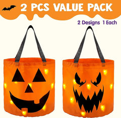 2-Pack Halloween LED Pumpkin Buckets - Trick or Treat Bags, Reusable Goody Buckets