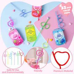 JOYIN 32 Pcs Valentine's Day Crazy Straws with Can Drink Cards