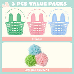 JOIN 3-Piece Easter Plastic Baskets with Bunny Ears and Shredded Paper Grass