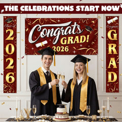 3Pcs Maroon & Gold Satin Graduation Backdrop Banners Class of 2026 Party Decor