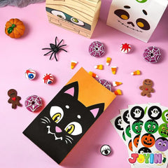 72PCS Halloween Treat Bags - 6 Styles Trick or Treat Paper Bags with Stickers, Halloween Goodie Bags for Kids