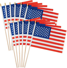 JOYIN Patriotic 11" x 8" Fabric USA Flags with Wooden Poles - 12 Pack