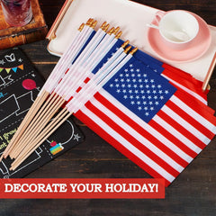 JOYIN Patriotic 11" x 8" Fabric USA Flags with Wooden Poles - 12 Pack