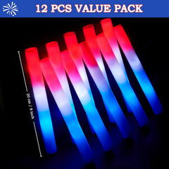 JOYIN Patriotic Red, White & Blue LED Foam Sticks with 3 Light Modes - 12 Pcs