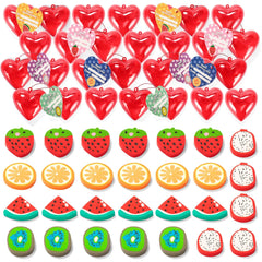 28-Piece Valentine's Fruit Eraser Set with Hearts and Cards for Kids Classroom Exchange Gifts