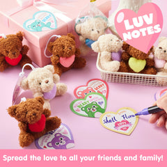 Valentine's Day Party Favors Bulk 24 Pack - Plush Teddy Bears Holding Hearts with Cards